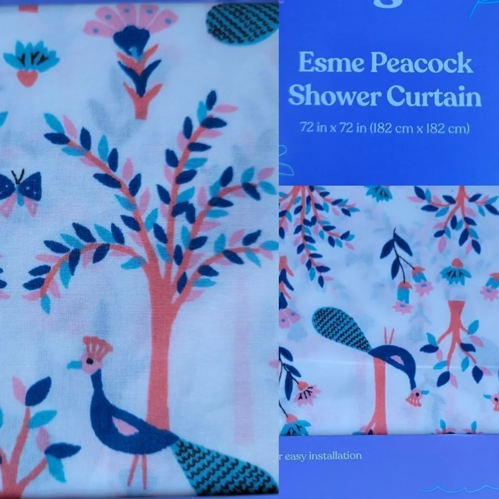 NEW Peacock boho print blue pink green peacocks trees FABRIC SHOWER CURTAIN NWT